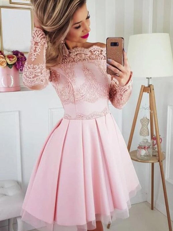 Elegant A-Line Off-Shoulder Long Sleeve Satin Lace Short Homecoming Dress.