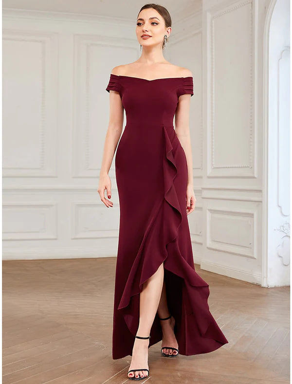 Elegant A-line off-shoulder ruffled party dress, front view.