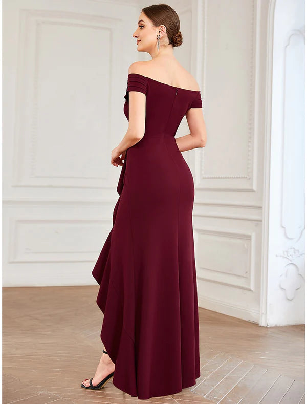 Elegant A-line off-shoulder ruffled party dress, side view.