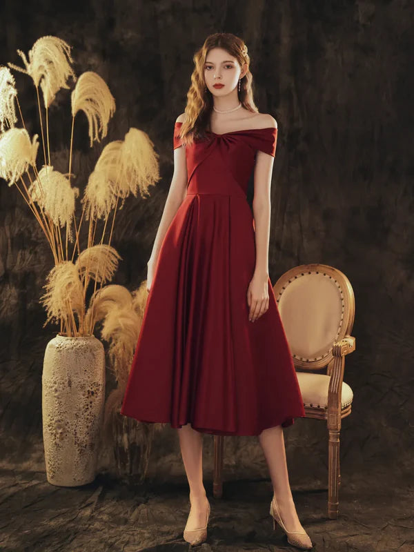 Elegant A-Line Off-Shoulder Satin Tea-Length Wine Red Bridesmaid Homecoming Dress.