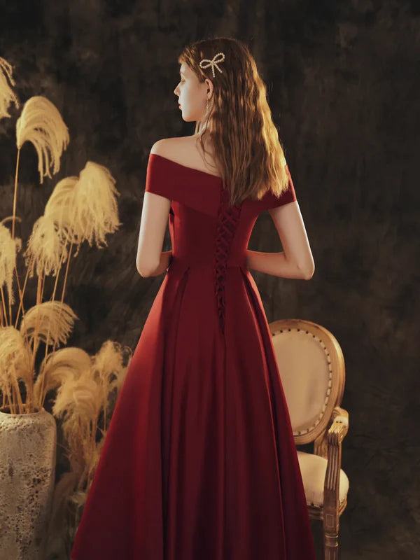Elegant A-Line Off-Shoulder Satin Tea-Length Wine Red Bridesmaid Homecoming Dress.