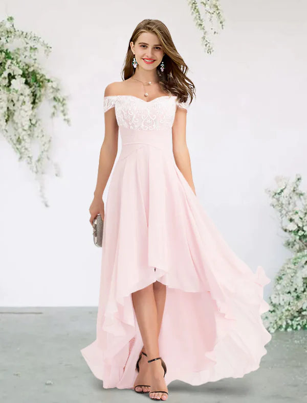 Elegant A-Line Off-Shoulder Short-Sleeve Chiffon Lace Asymmetrical Bridesmaid Dress.