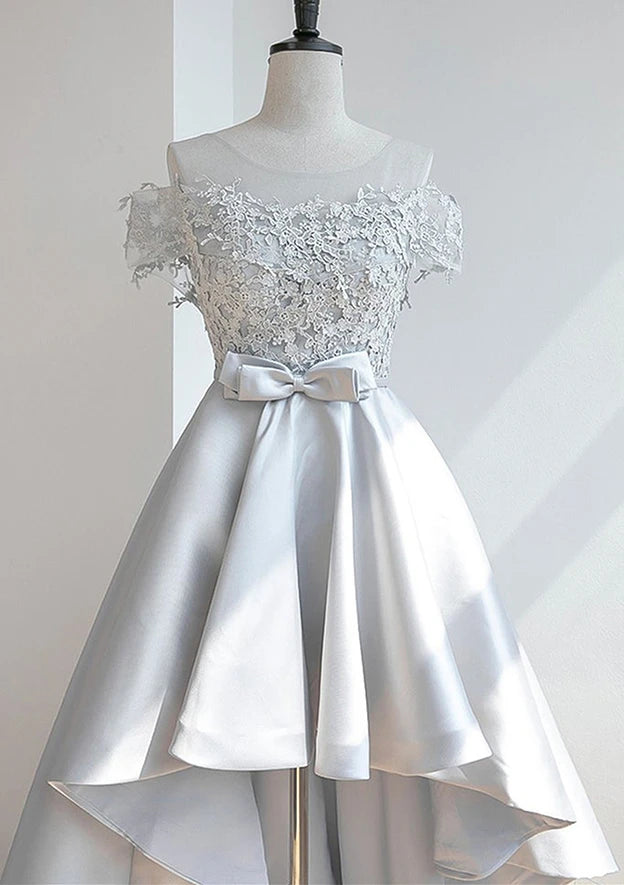 Elegant A-Line Off-Shoulder Short Sleeve Lace-Up High-Low Homecoming Dress.