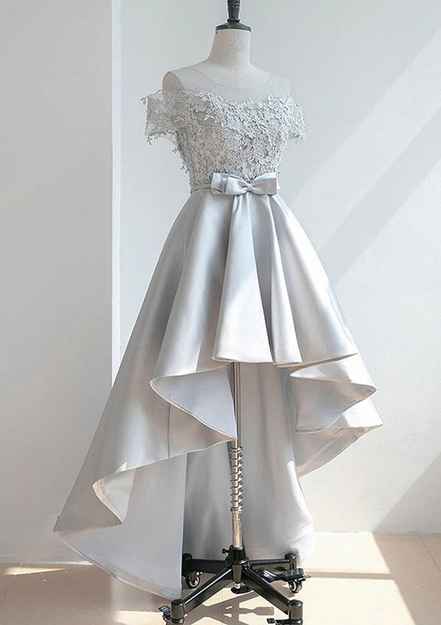 Elegant A-Line Off-Shoulder Short Sleeve Lace-Up High-Low Homecoming Dress.