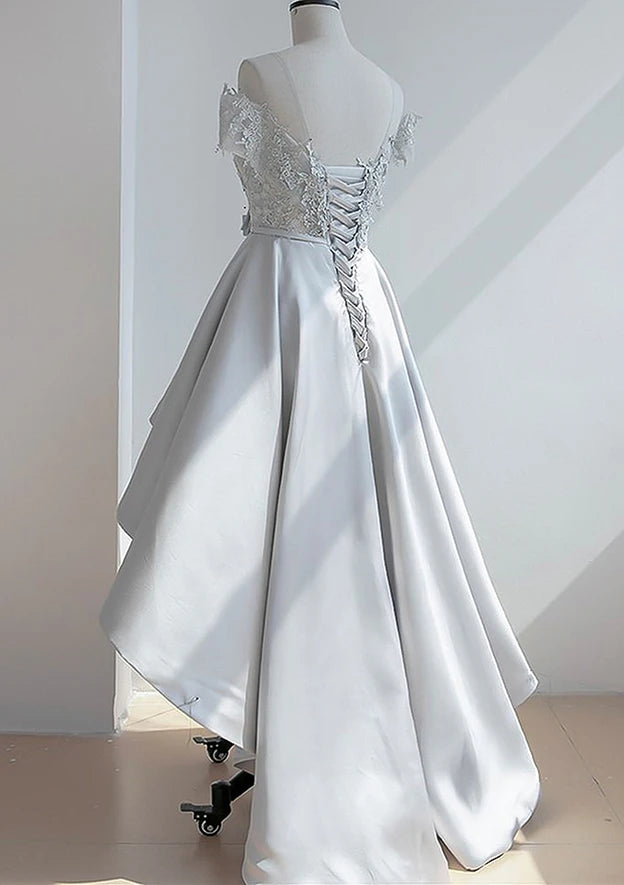 Elegant A-Line Off-Shoulder Short Sleeve Lace-Up High-Low Homecoming Dress.