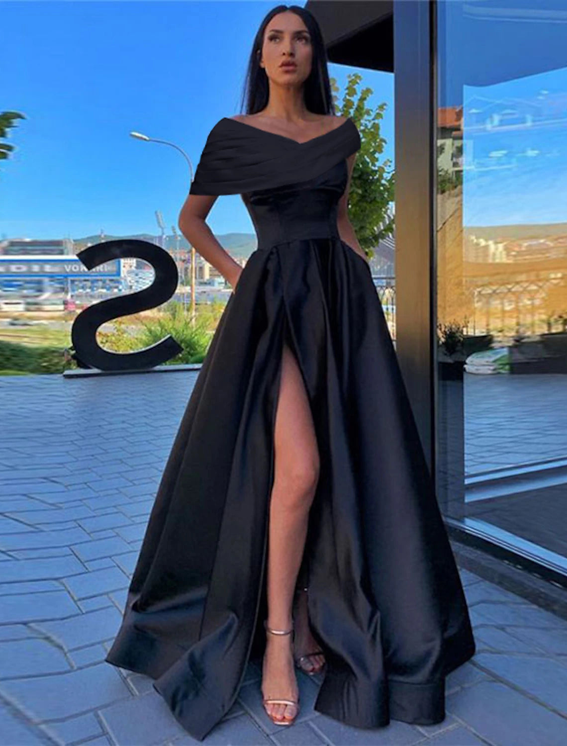 Elegant A-Line Off-Shoulder Short Sleeve Ruched Slit Black Formal Prom Dress.
