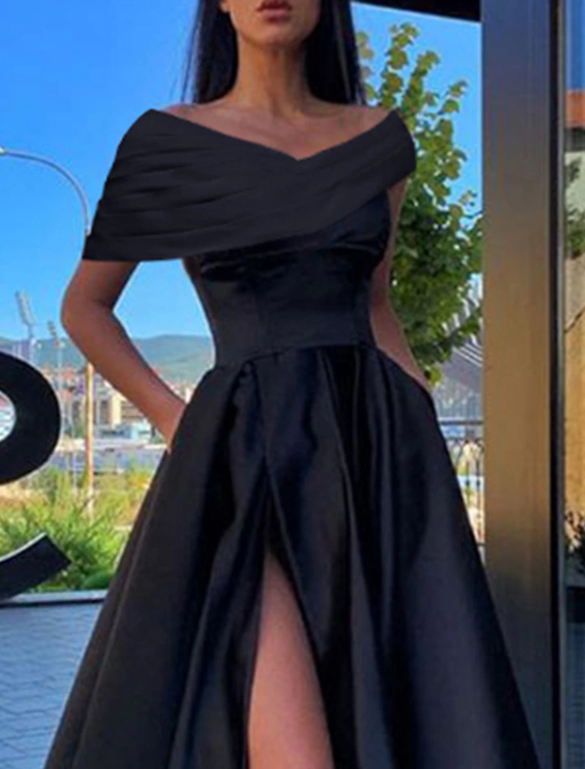 Elegant A-Line Off-Shoulder Short Sleeve Ruched Slit Black Formal Prom Dress.