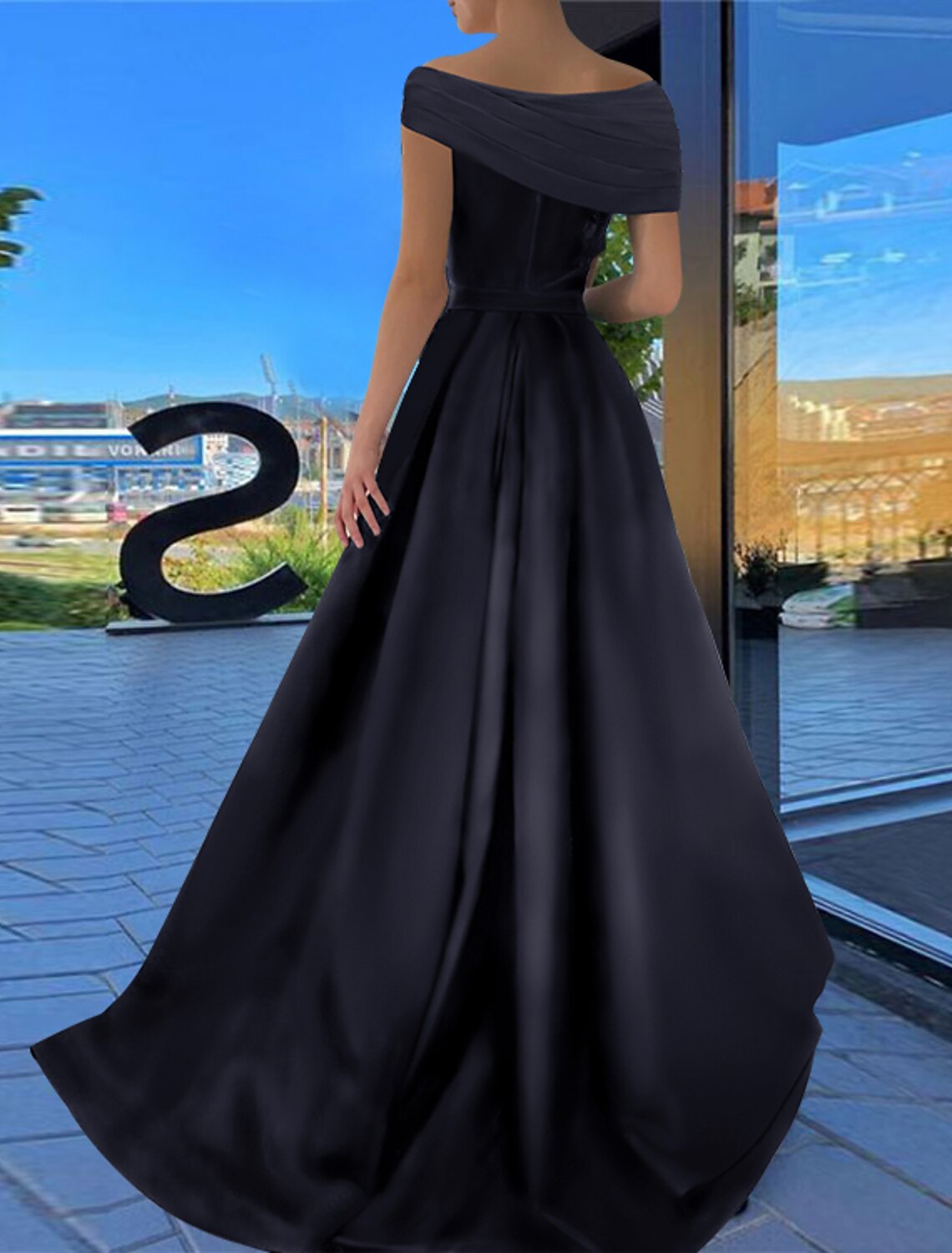 Elegant A-Line Off-Shoulder Short Sleeve Ruched Slit Black Formal Prom Dress.