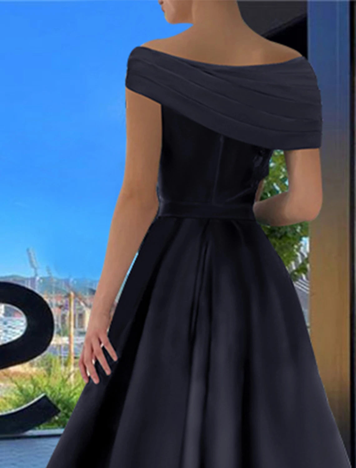 Elegant A-Line Off-Shoulder Short Sleeve Ruched Slit Black Formal Prom Dress.