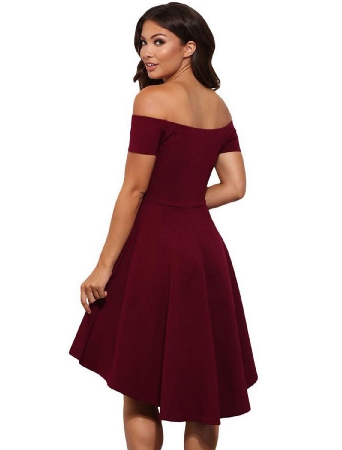 Full length view of the elegant A-line off-shoulder short sleeve satin mini homecoming dress.