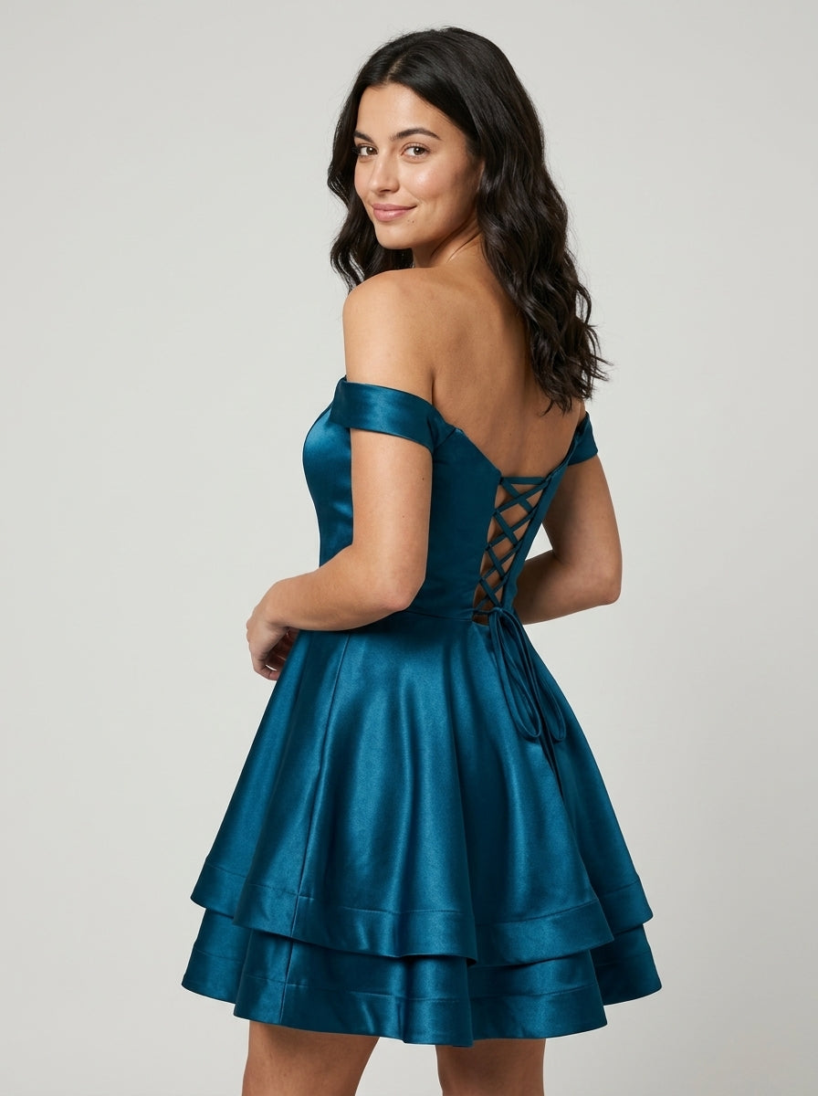 Elegant A-Line off-shoulder teal mini homecoming dress with sweetheart neckline and short sleeves.