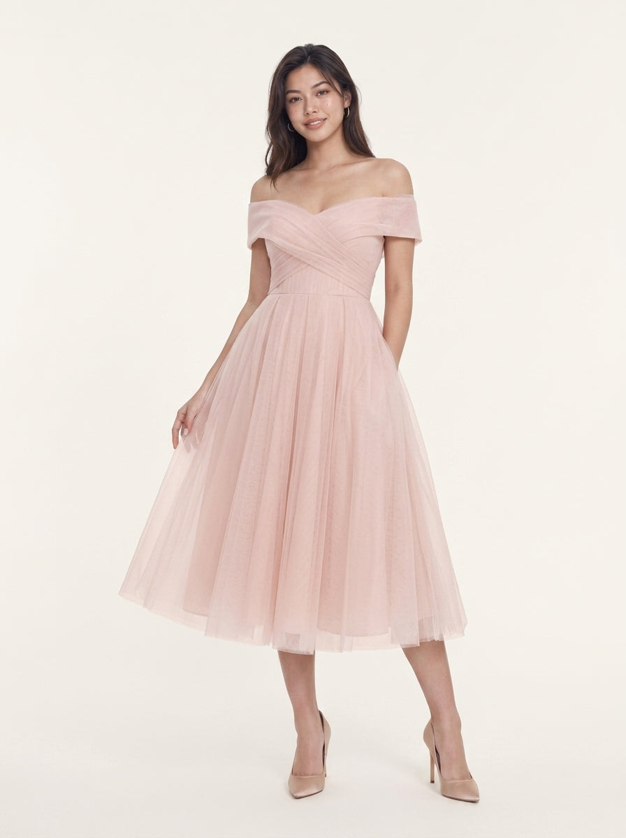 Elegant A-Line Off-Shoulder Sweetheart Short Sleeve Tulle Midi Homecoming Dress.