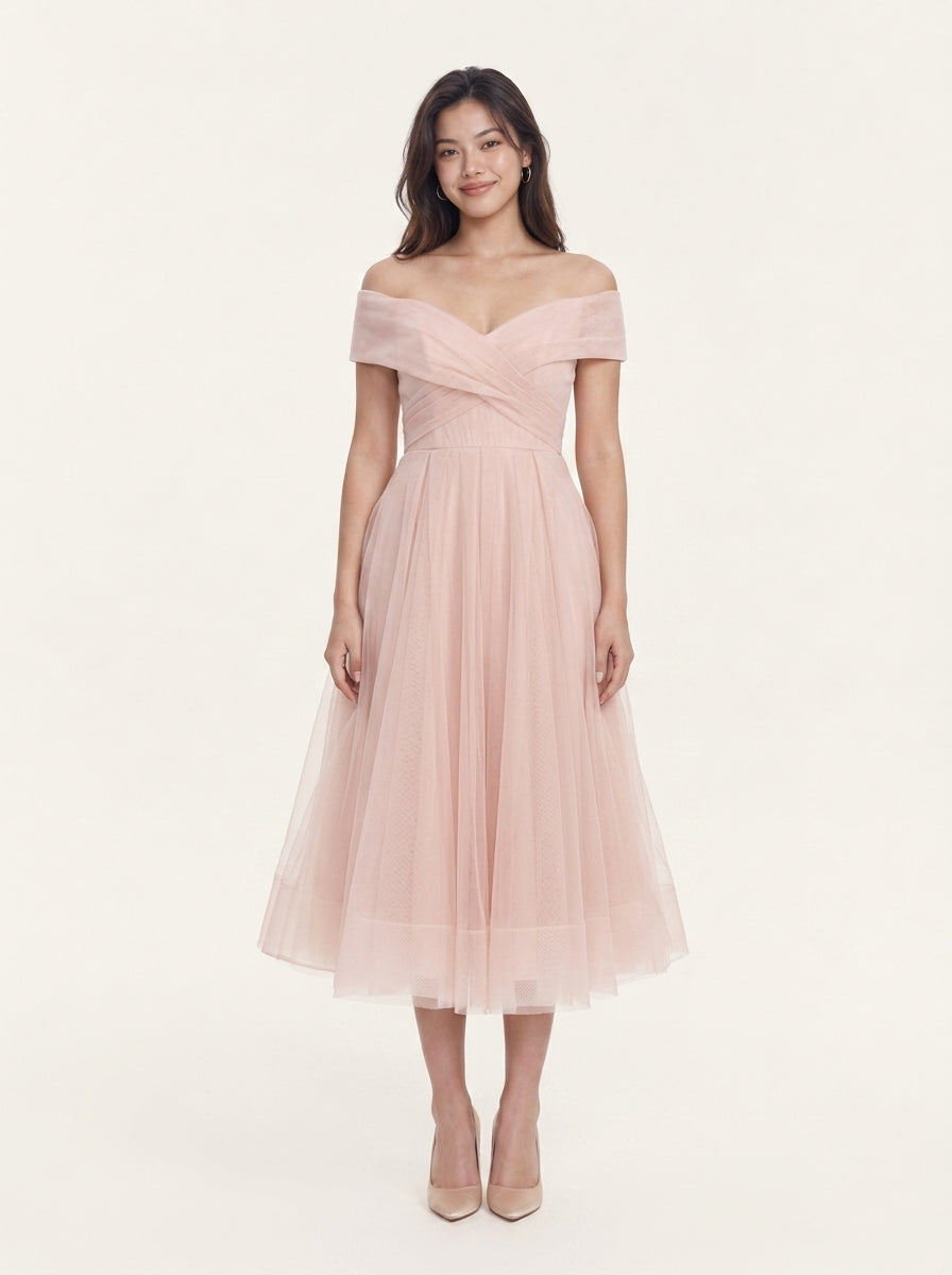 Elegant A-Line Off-Shoulder Sweetheart Short Sleeve Tulle Midi Homecoming Dress.