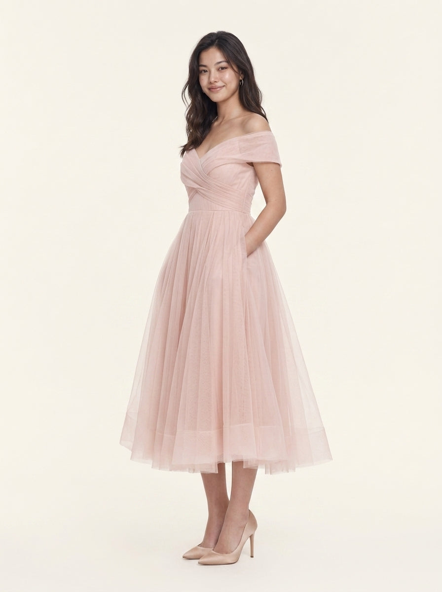 Elegant A-Line Off-Shoulder Sweetheart Short Sleeve Tulle Midi Homecoming Dress.