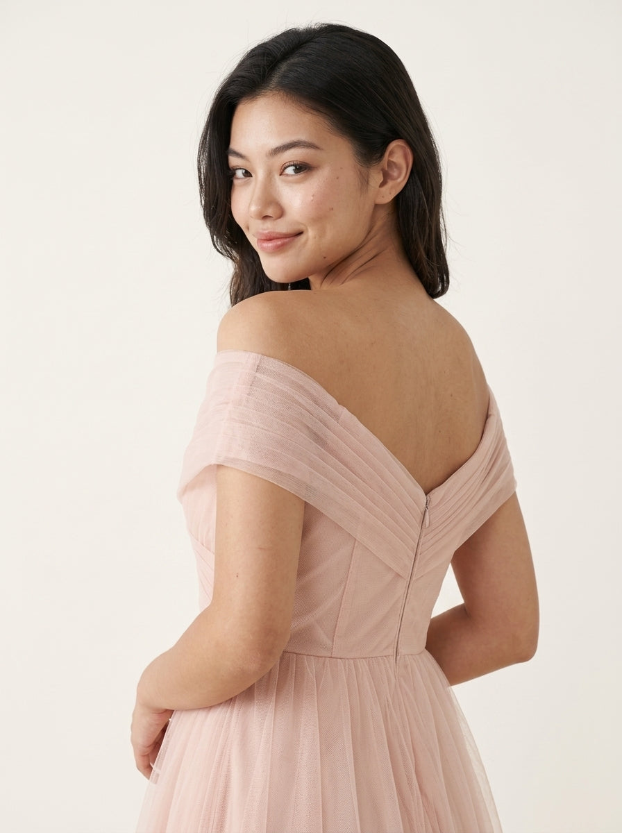 Elegant A-Line Off-Shoulder Sweetheart Short Sleeve Tulle Midi Homecoming Dress.