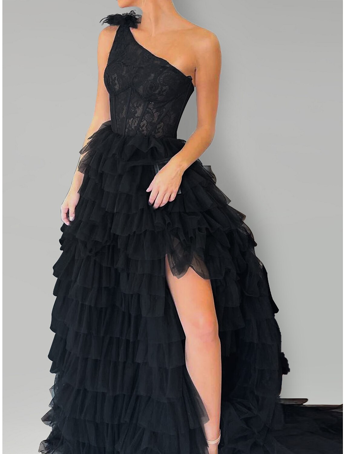 Elegant A-Line One Shoulder Blue Floral Lace Evening Gown with Slit Train.