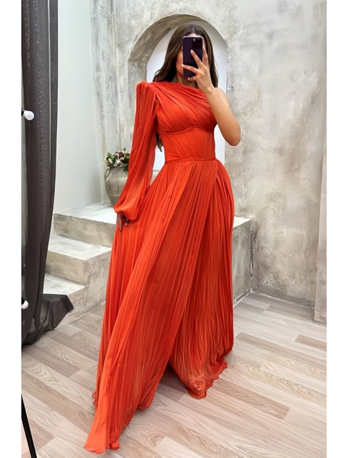 Elegant A-Line One Shoulder Long Sleeve High Split Pleated Chiffon Evening Gown.