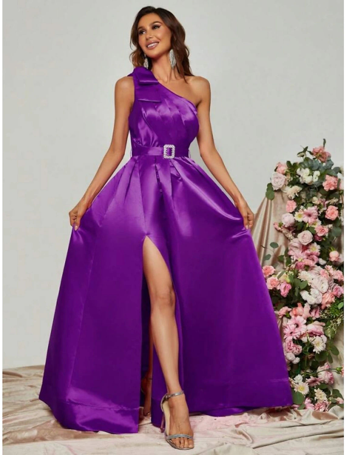 Elegant A-Line One-Shoulder Satin Pleated Black Floor-Length Plus Size Evening Gown.