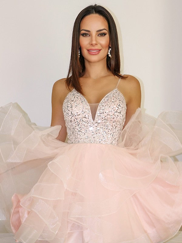 Elegant A-Line Princess Spaghetti Strap Beaded Tulle Short Homecoming Dress.