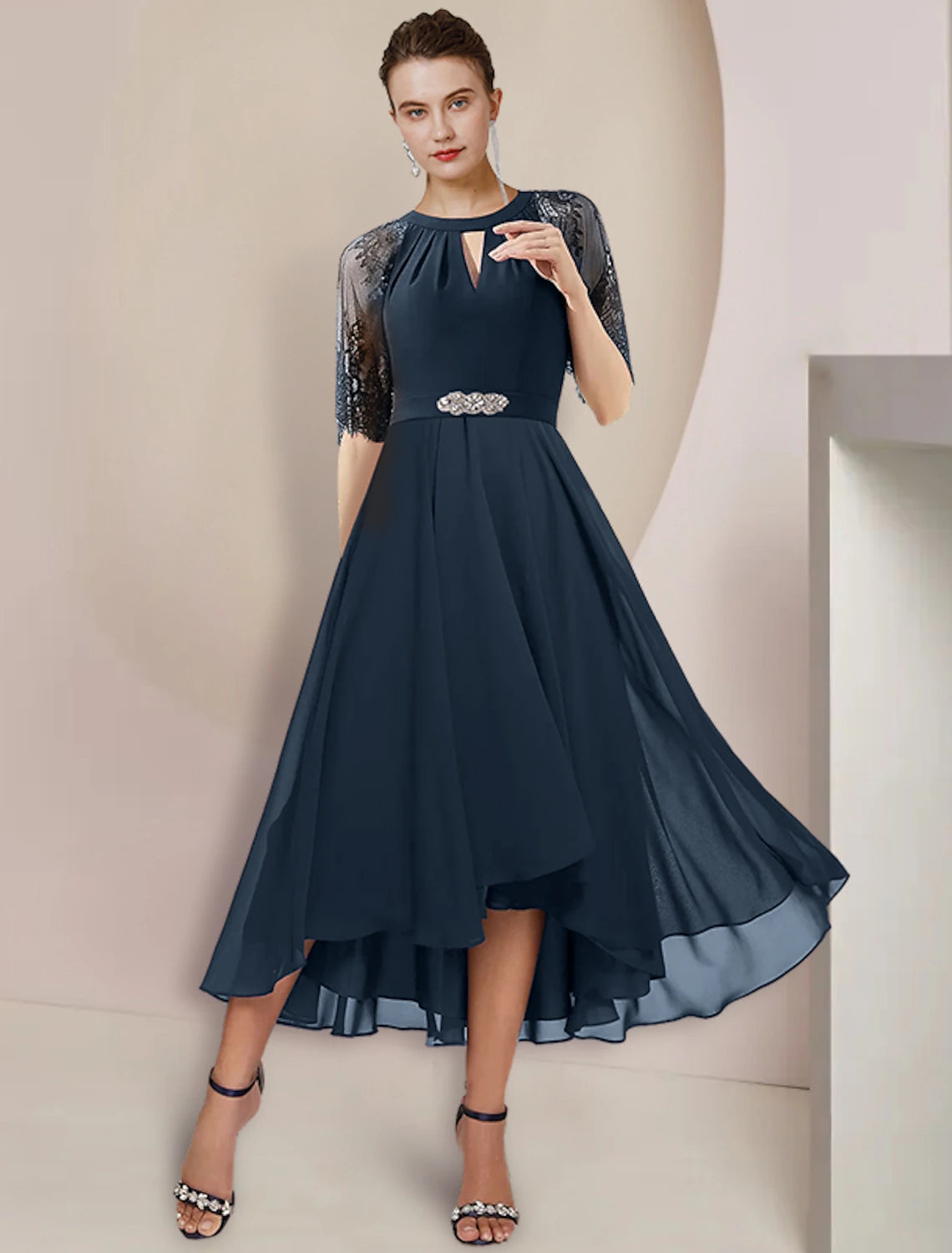 Elegant A-Line Mother of the Bride dress with scoop neck, 3/4 lace sleeves, and high-low hem.