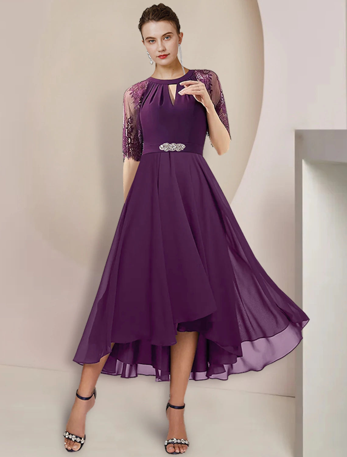 Side view of the A-Line chiffon lace dress, featuring 3/4 sleeves and a flowing skirt.