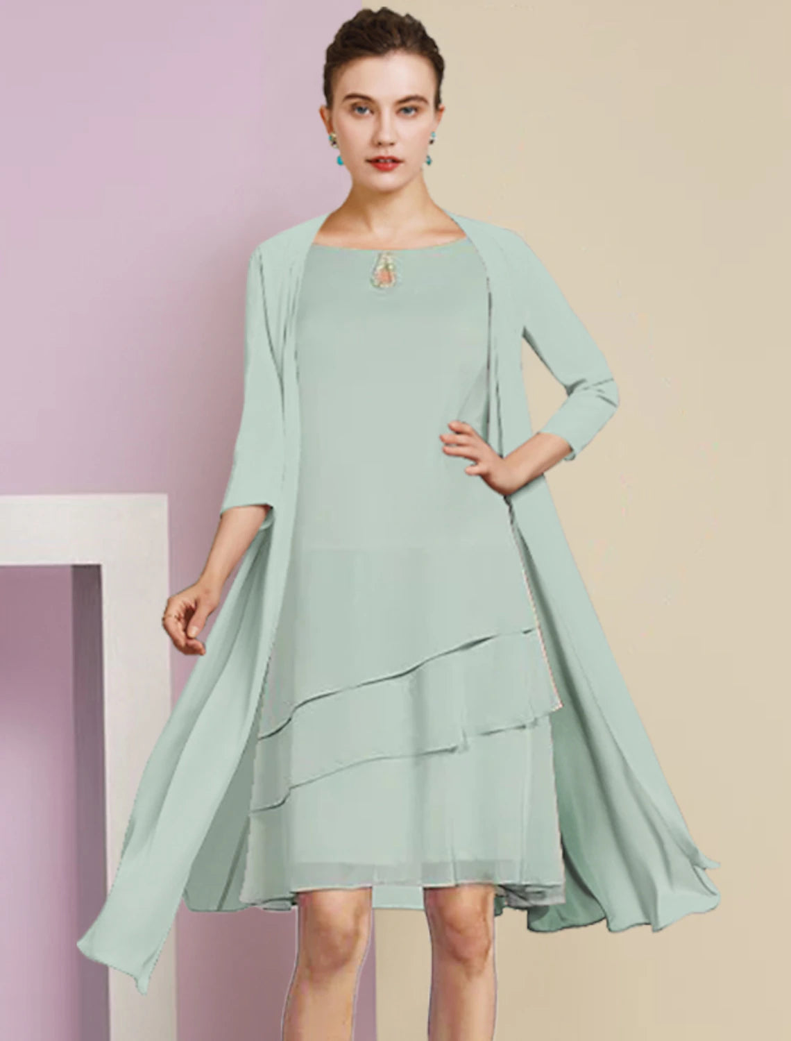 Elegant A-Line Scoop Neck 3/4 Sleeve Chiffon Two-Piece Mother of the Bride Dress.