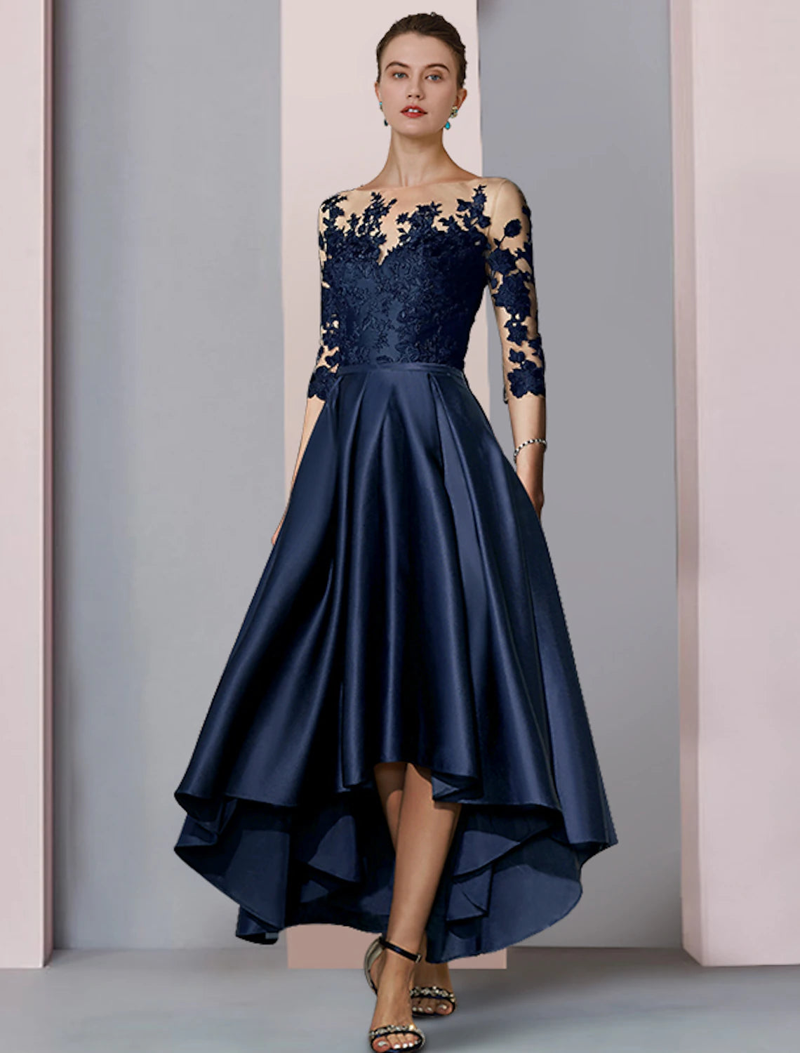 Elegant A-Line Scoop Neck 3/4 Sleeve High-Low Satin Tea Length Dress.