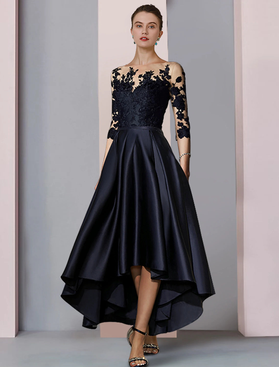 Elegant A-Line Scoop Neck 3/4 Sleeve High-Low Satin Tea Length Dress.