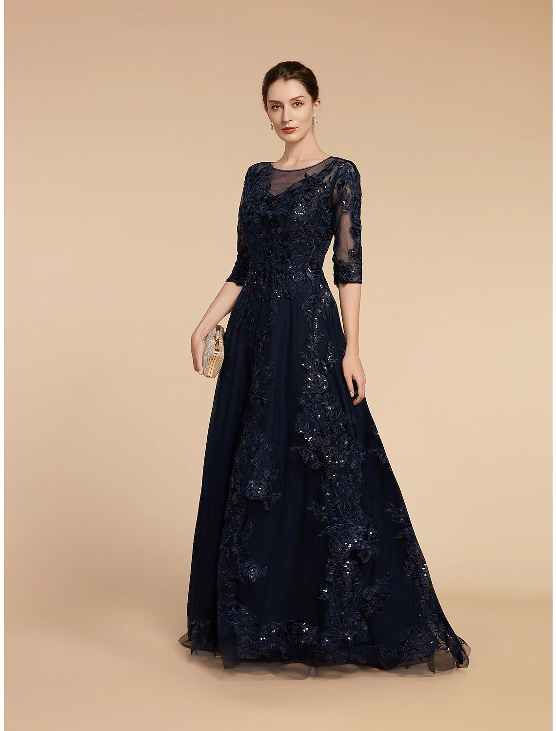 Elegant A-Line Scoop Neck 3/4 Sleeve Sequin Chiffon Floor Length Gown, front view.