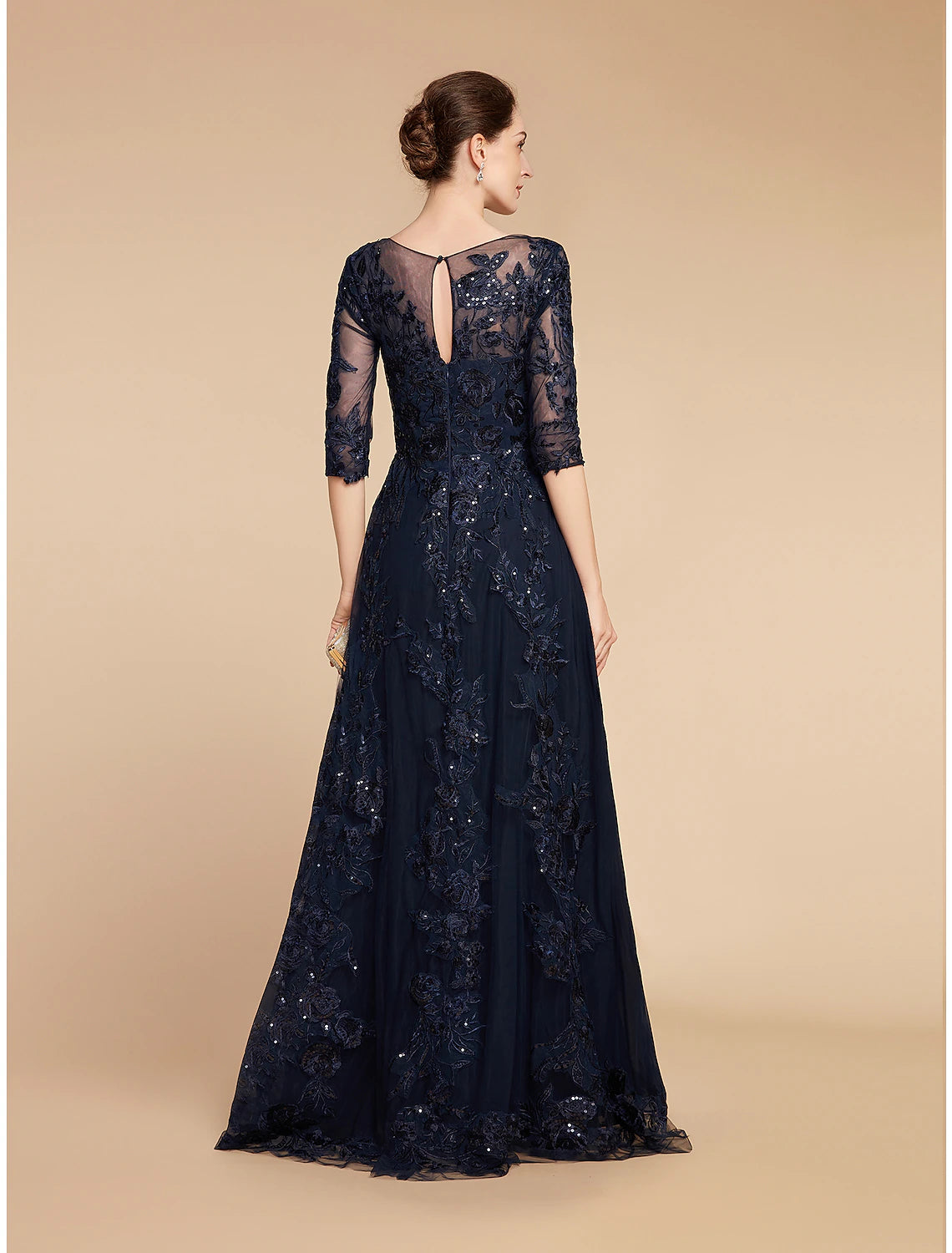 Elegant A-Line Scoop Neck 3/4 Sleeve Sequin Chiffon Floor Length Gown, side view.