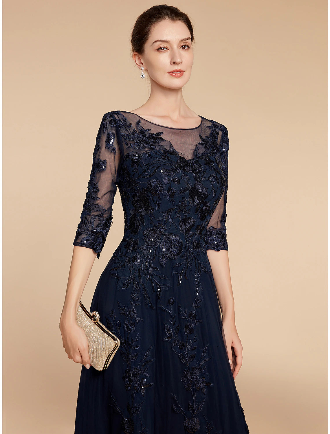 Elegant A-Line Scoop Neck 3/4 Sleeve Sequin Chiffon Floor Length Gown, back view.