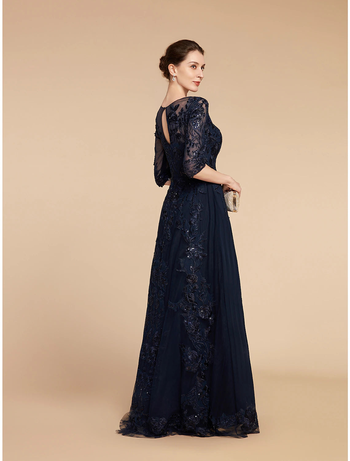 Elegant A-Line Scoop Neck 3/4 Sleeve Sequin Chiffon Floor Length Gown, in a walking pose.