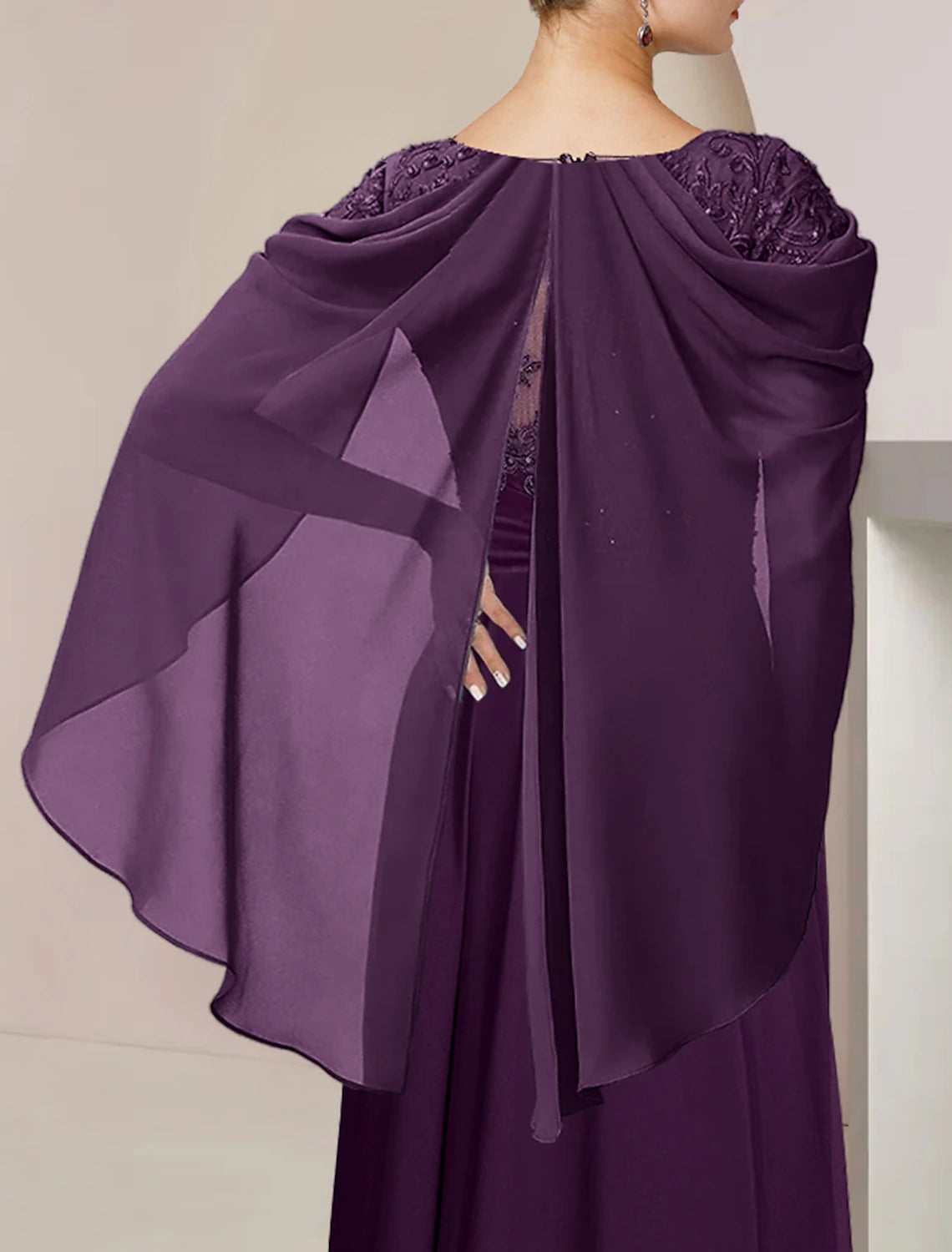 Floor length A-Line gown, perfect for wedding guests, side view.