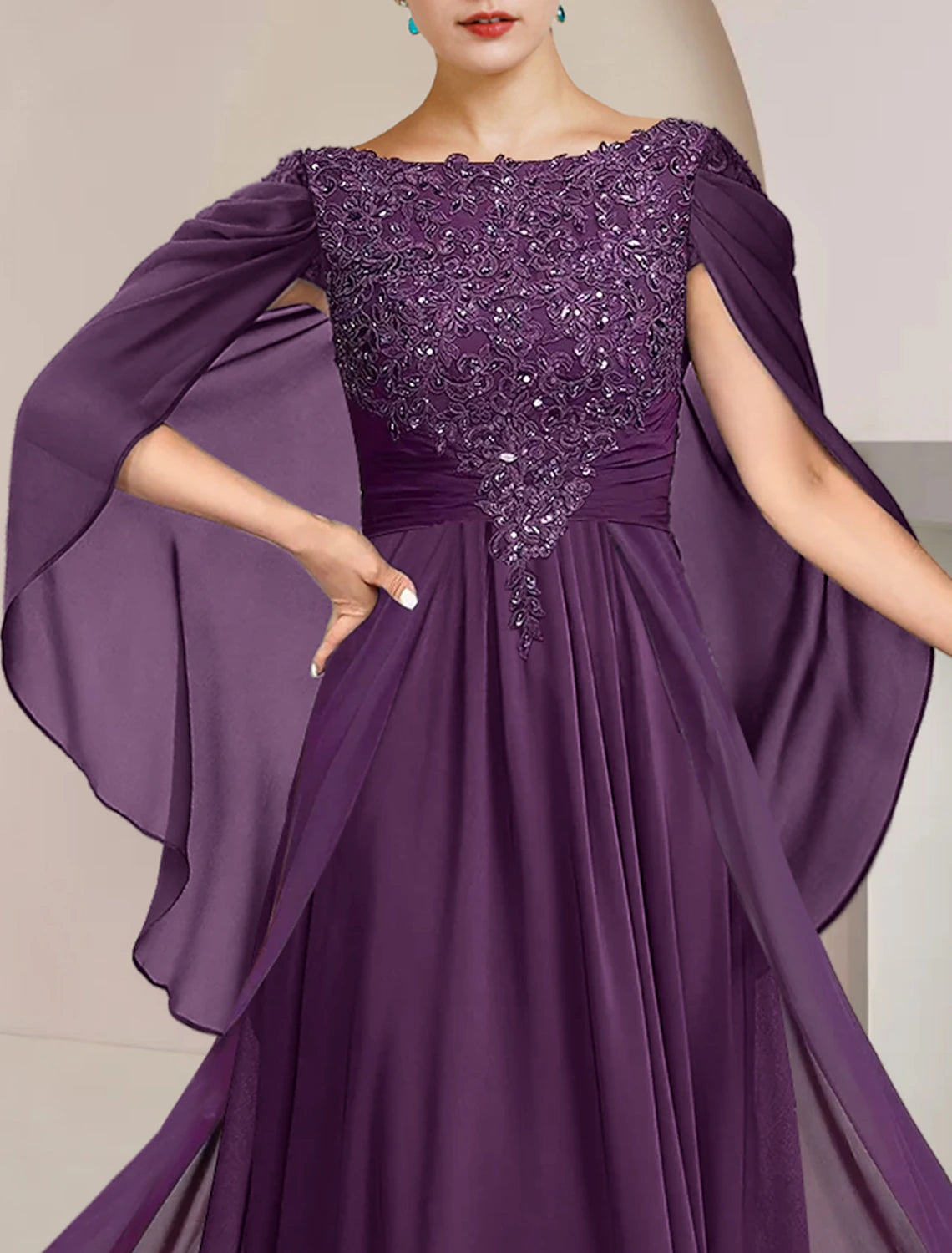 Chiffon lace dress with beading and sequin appliques, back detail.