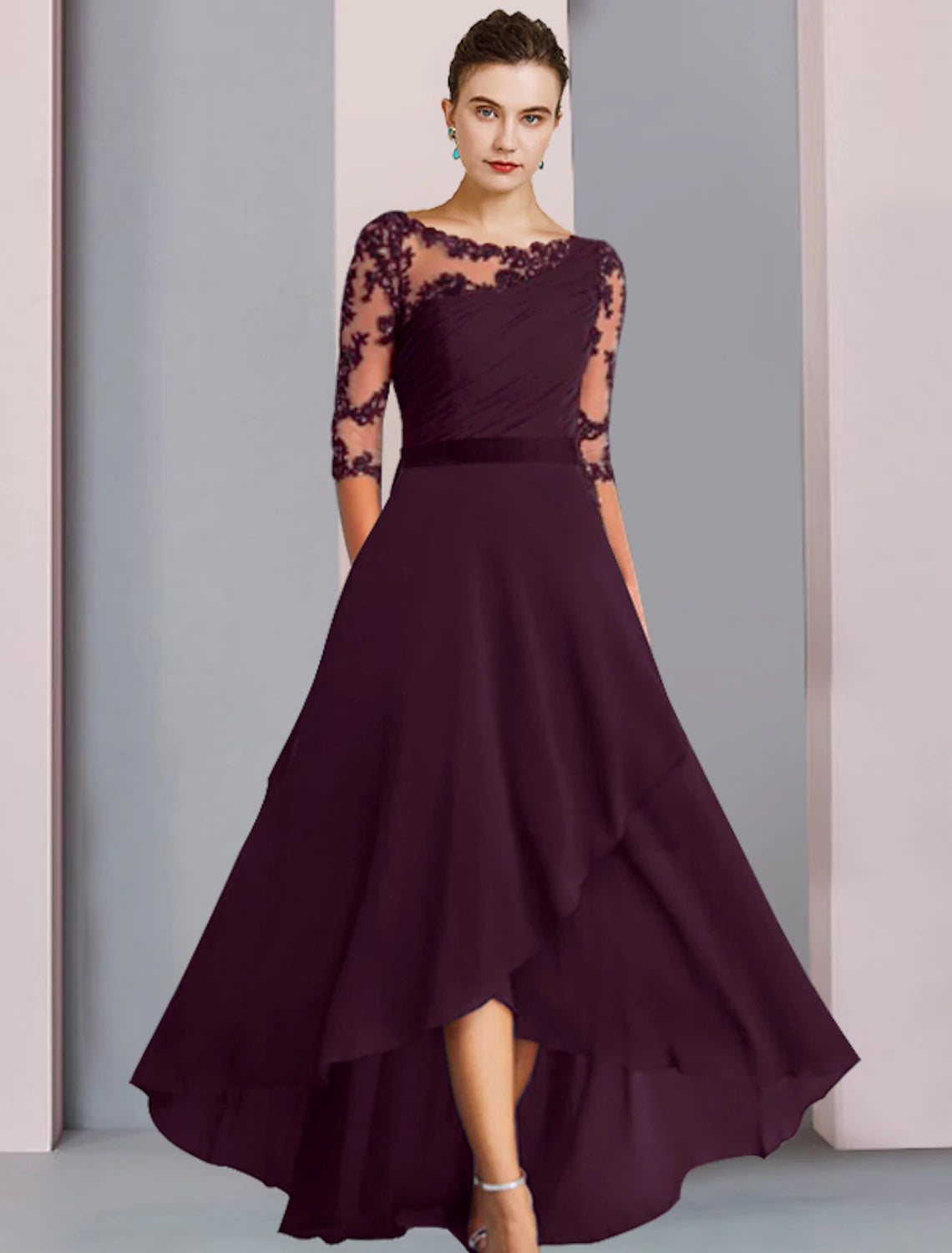 Front view of A-Line scoop neck dress with lace appliques.
