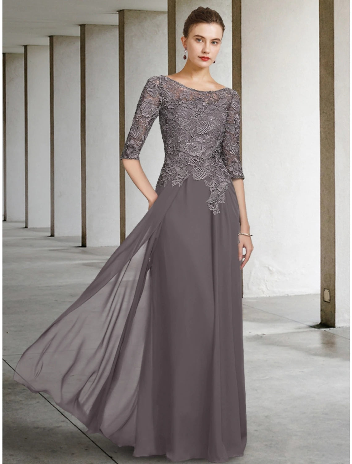 Elegant A-Line scoop neck dress with half sleeves and lace ruching.