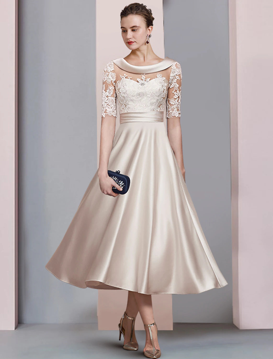 Elegant A-Line Scoop Neck Half Sleeve Lace Tea Length Mother of the Bride Dress.