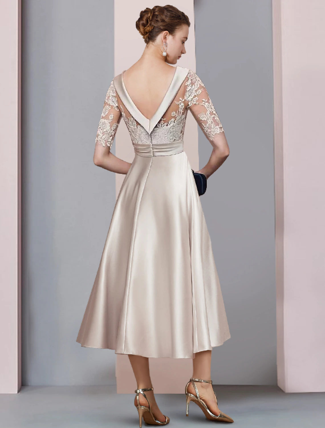 Elegant A-Line Scoop Neck Half Sleeve Lace Tea Length Mother of the Bride Dress.