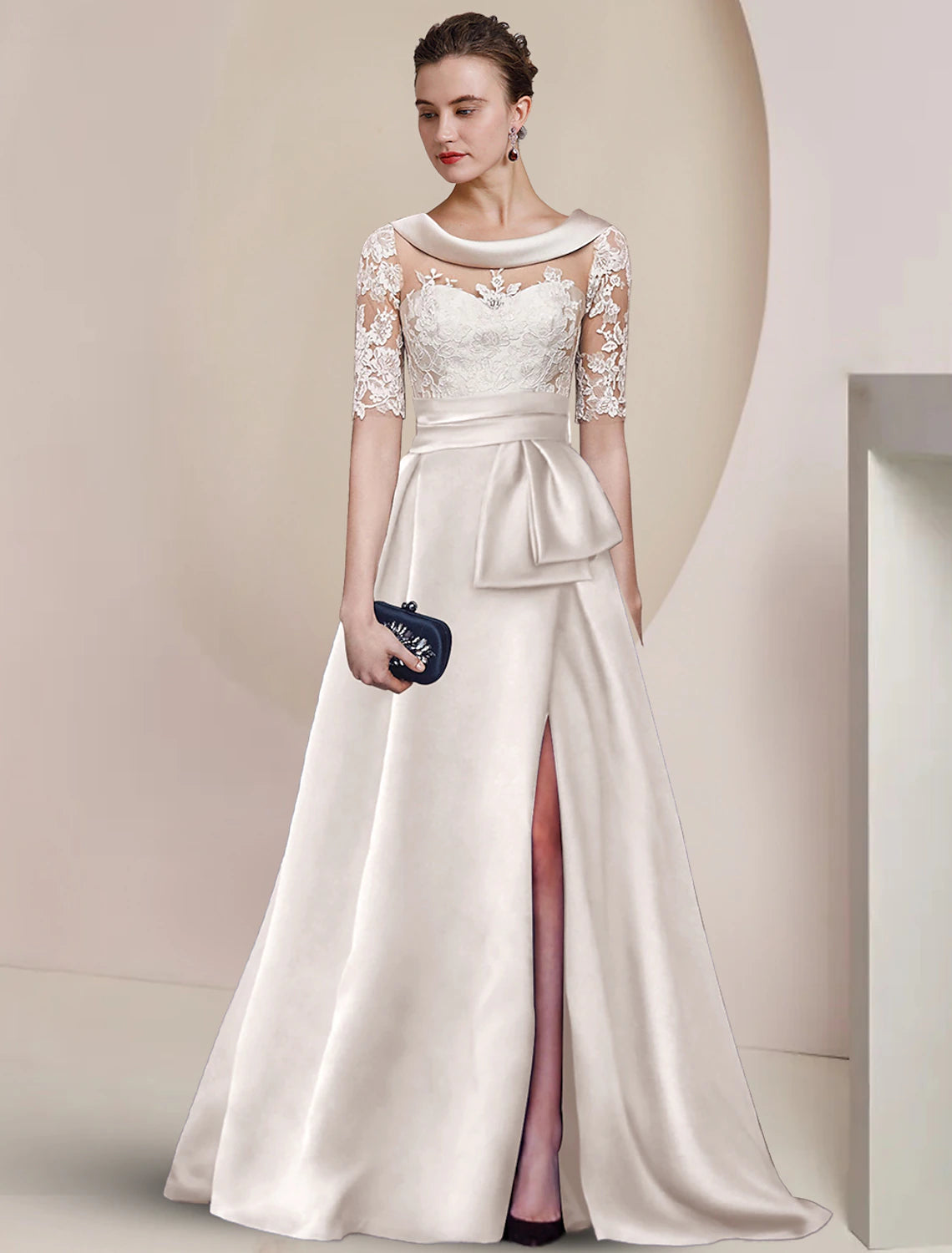 Elegant A-Line Scoop Neck Half Sleeve Satin Lace Ruched Mother of the Bride Dress.