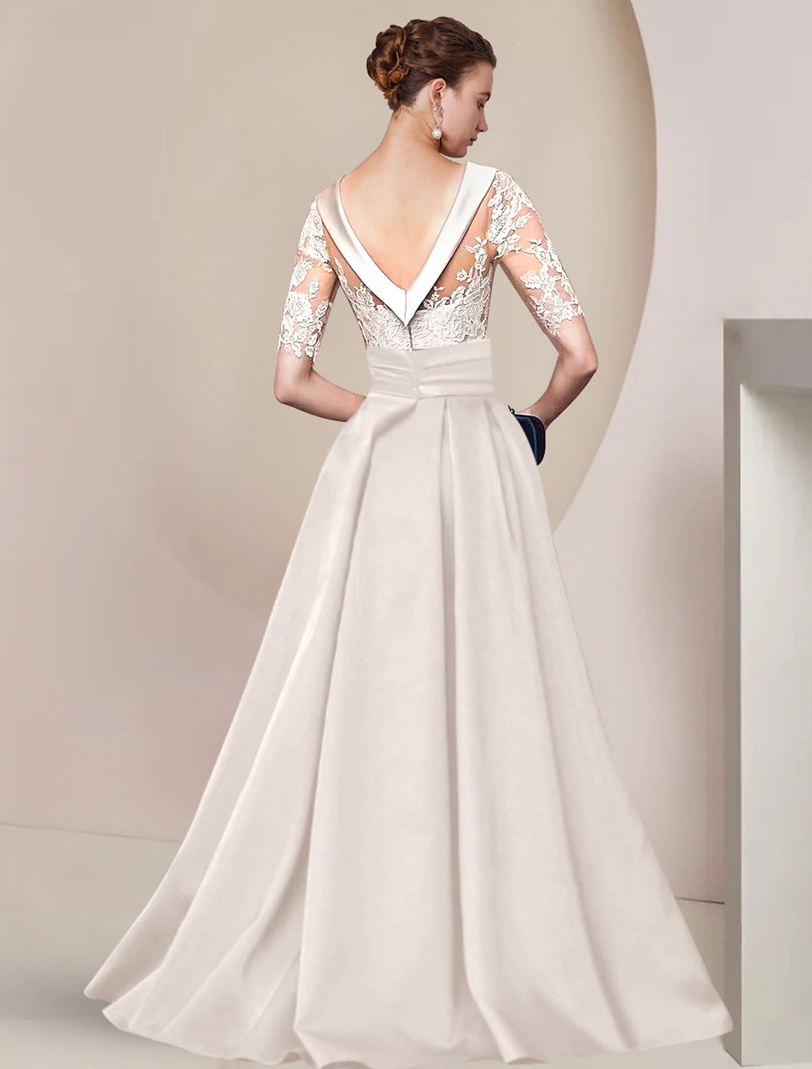 Elegant A-Line Scoop Neck Half Sleeve Satin Lace Ruched Mother of the Bride Dress.