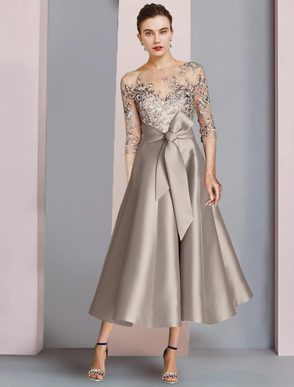 Elegant A-Line Scoop Neck Half Sleeve Satin Lace Tea Length Dress.