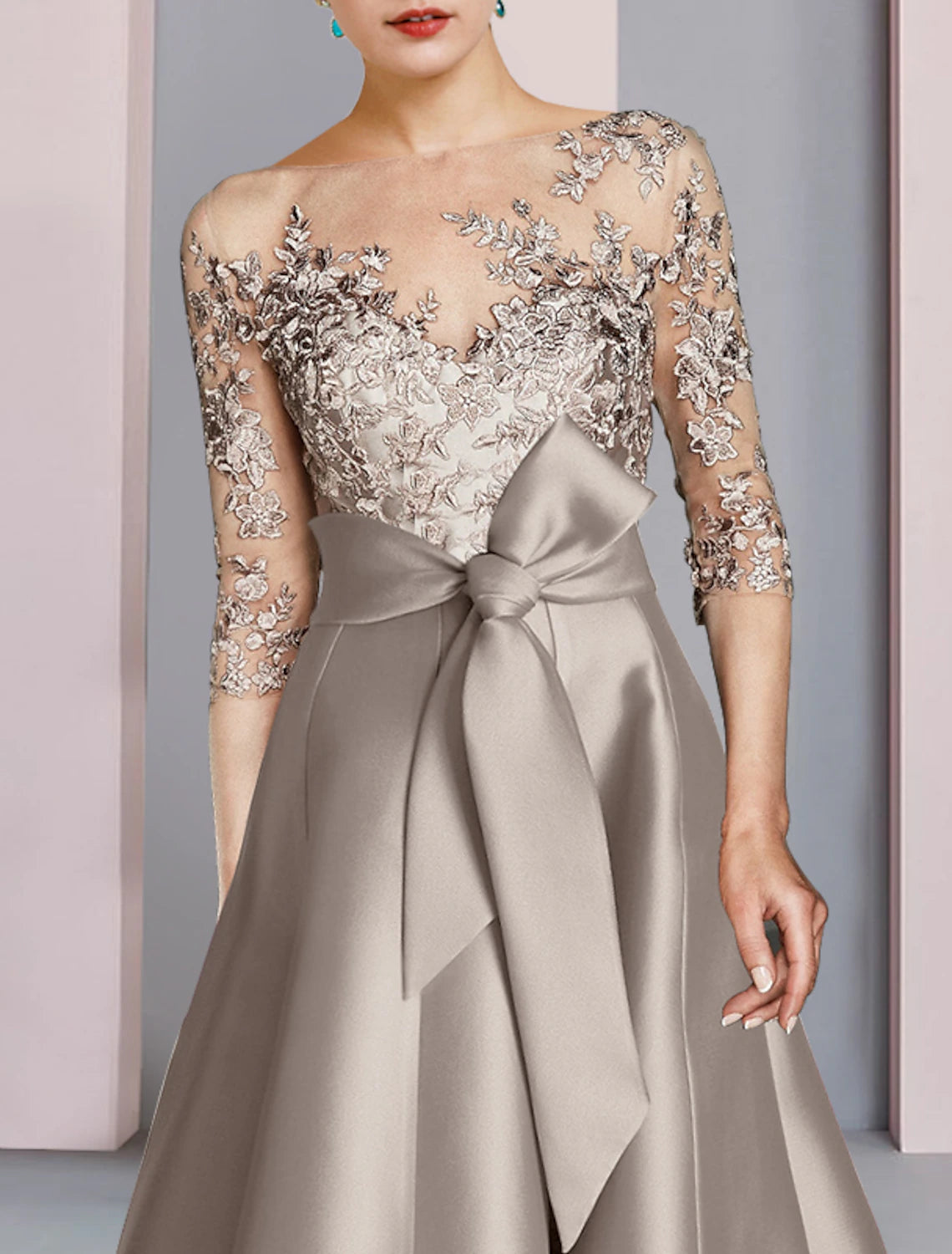 Elegant A-Line Scoop Neck Half Sleeve Satin Lace Tea Length Dress.