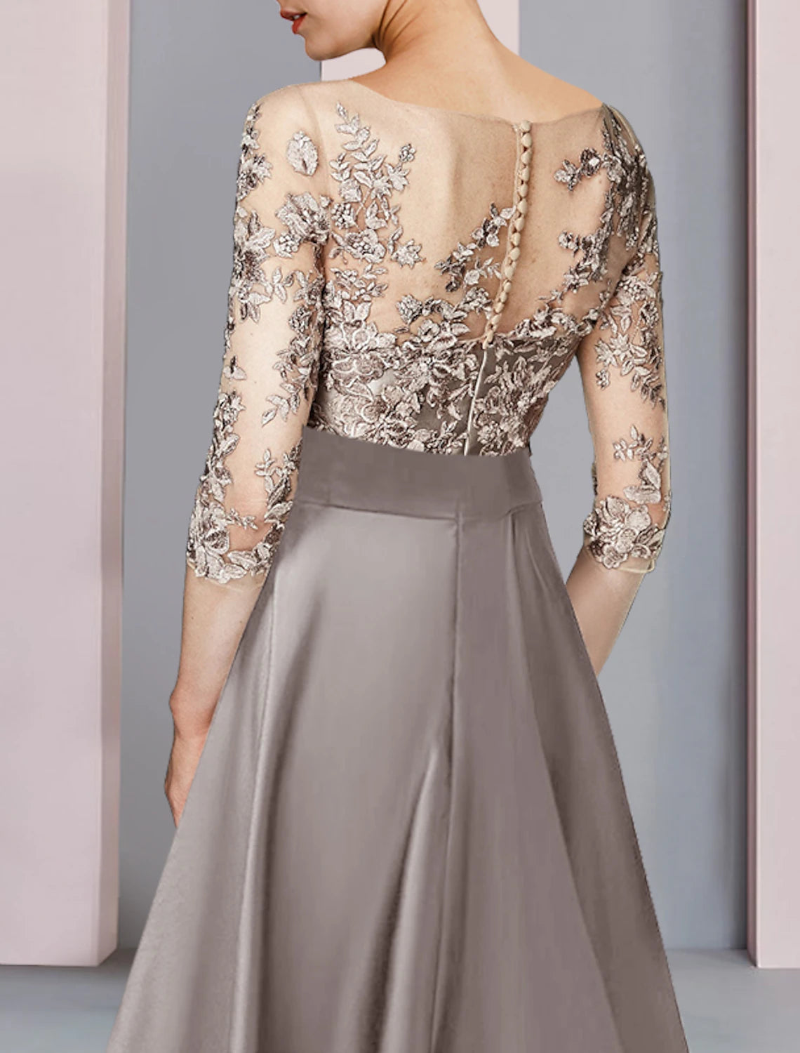 Elegant A-Line Scoop Neck Half Sleeve Satin Lace Tea Length Dress.