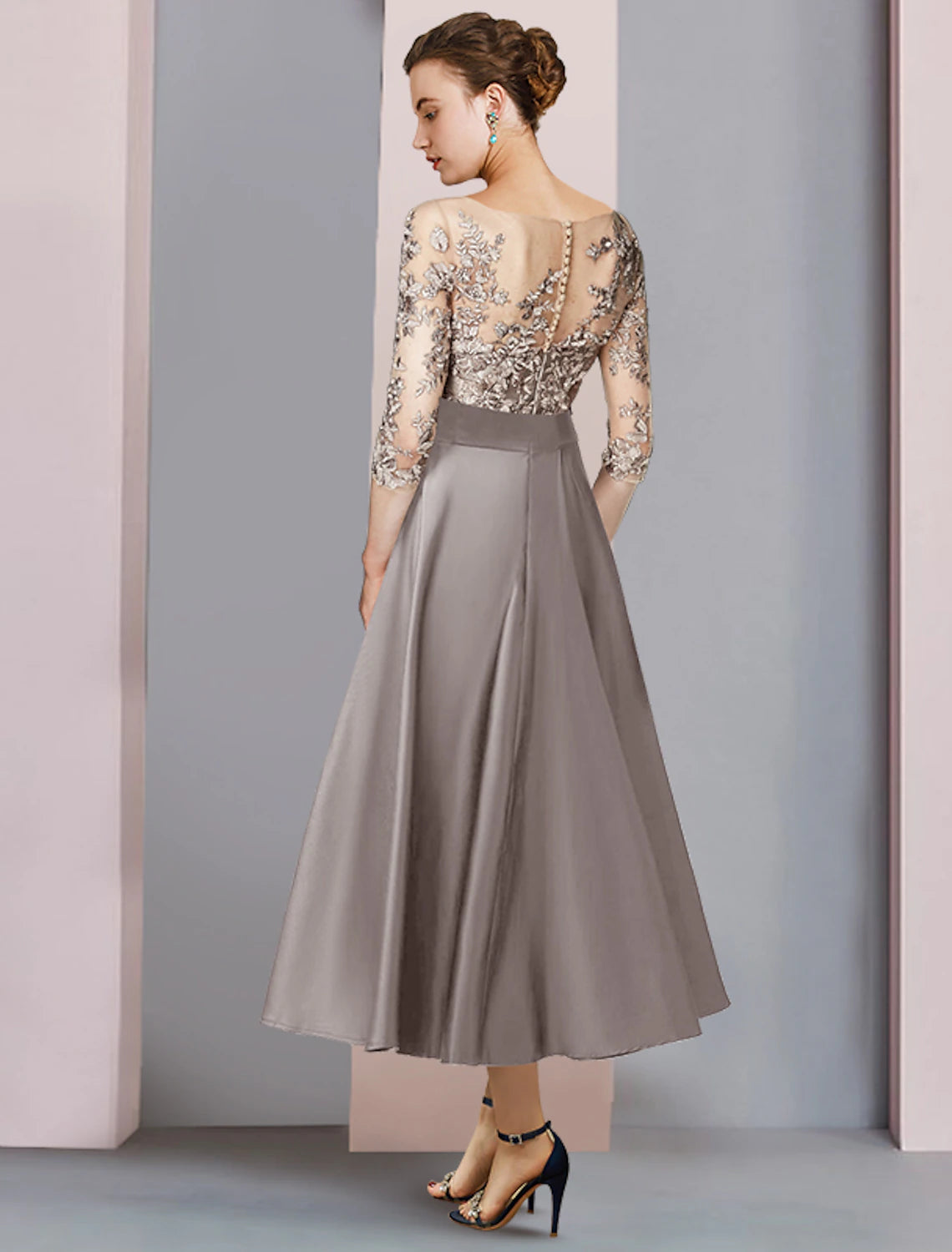 Elegant A-Line Scoop Neck Half Sleeve Satin Lace Tea Length Dress.