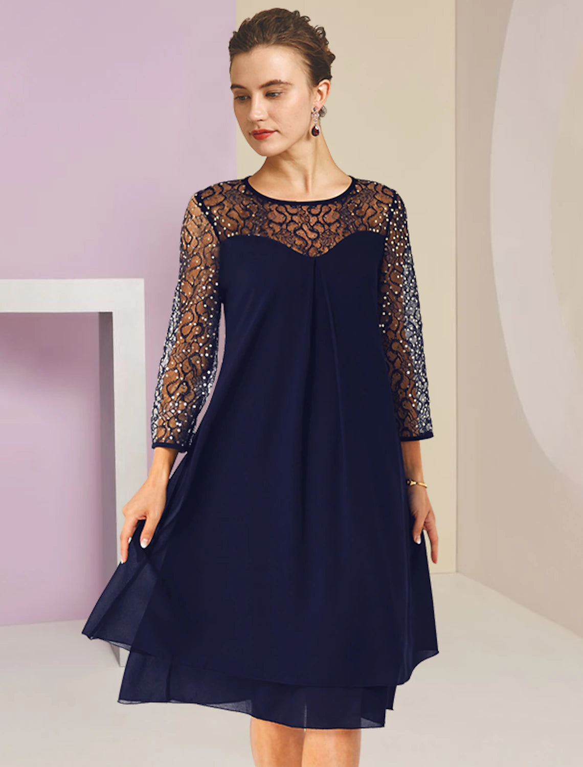 Model wearing an elegant A-line scoop neck lace sequin formal dress.
