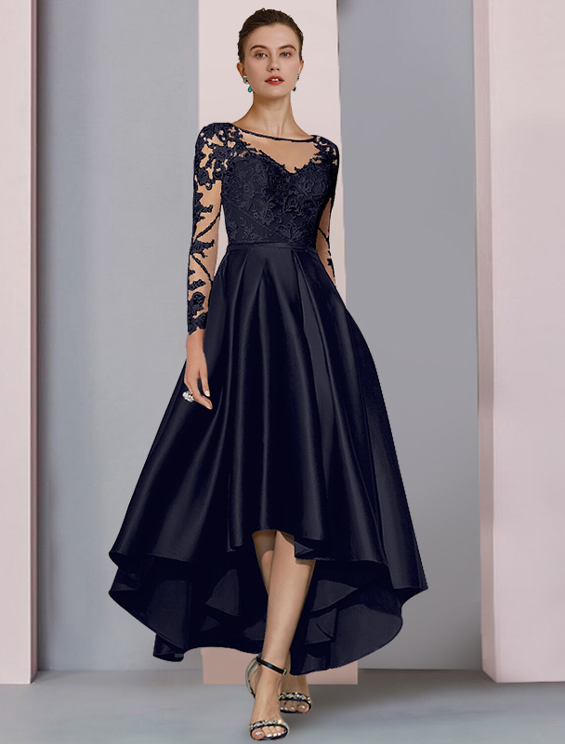 Elegant A-Line Scoop Neck Long Sleeve High-Low Satin Lace Tea Length Dress.