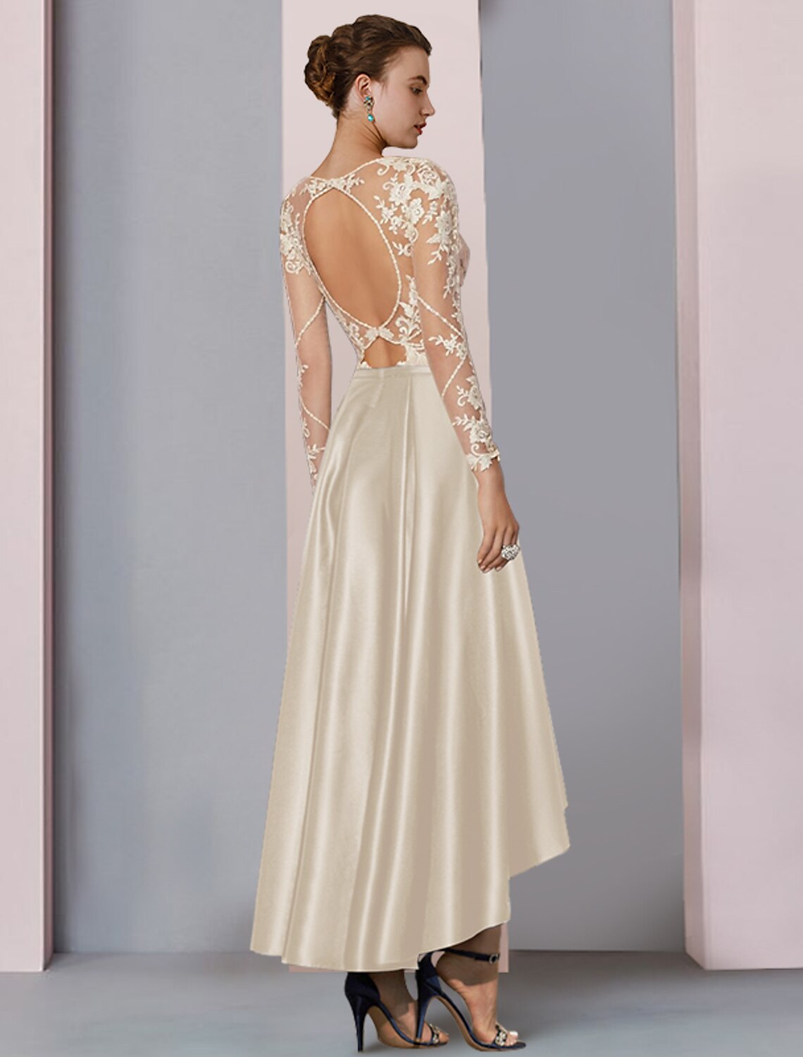 Elegant A-Line Scoop Neck Long Sleeve High-Low Satin Lace Tea Length Dress.