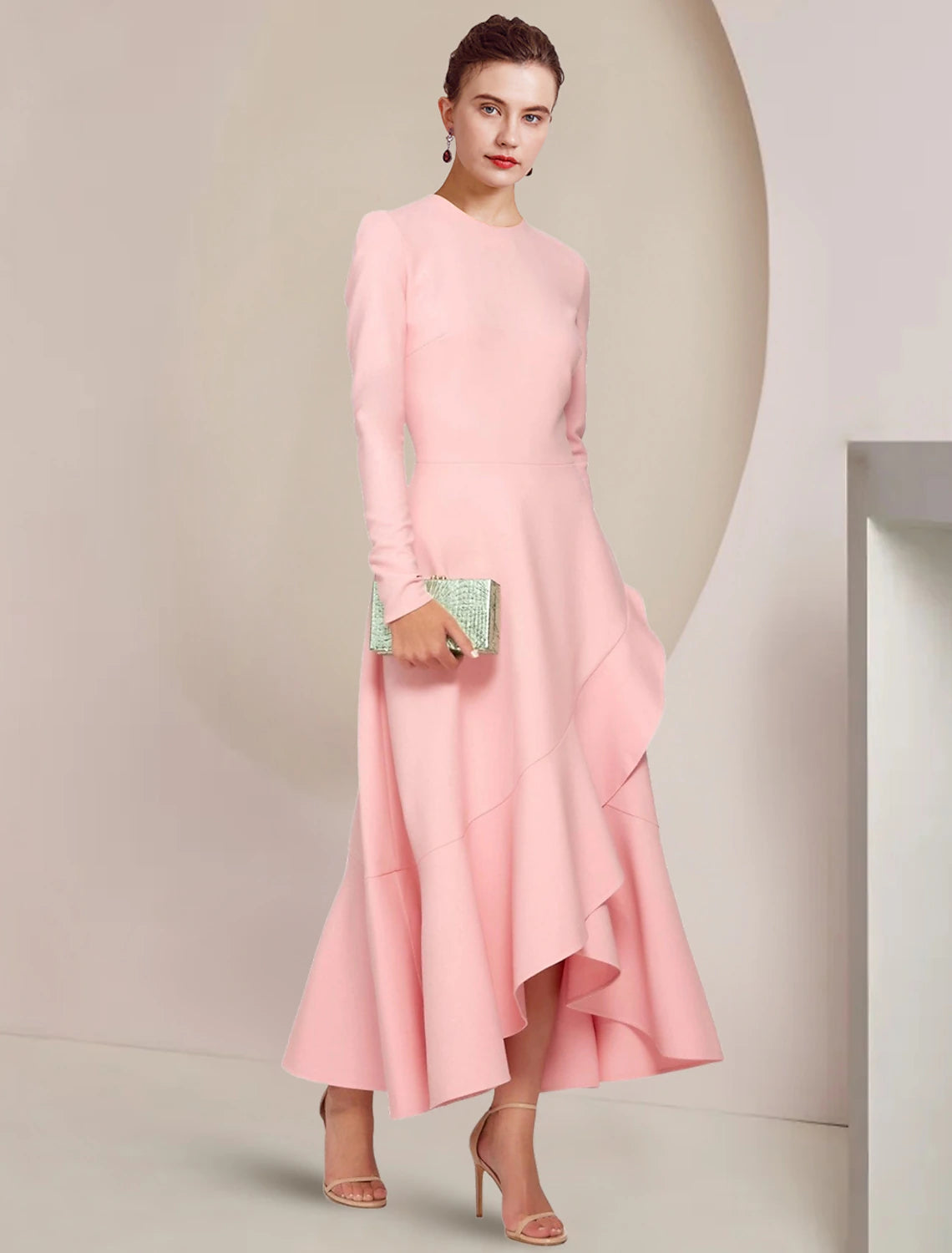 Elegant A-Line Scoop Neck Long Sleeve Ruffled High-Low Mother of the Bride Dress.