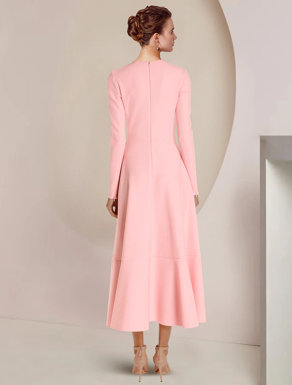 Elegant A-Line Scoop Neck Long Sleeve Ruffled High-Low Mother of the Bride Dress.