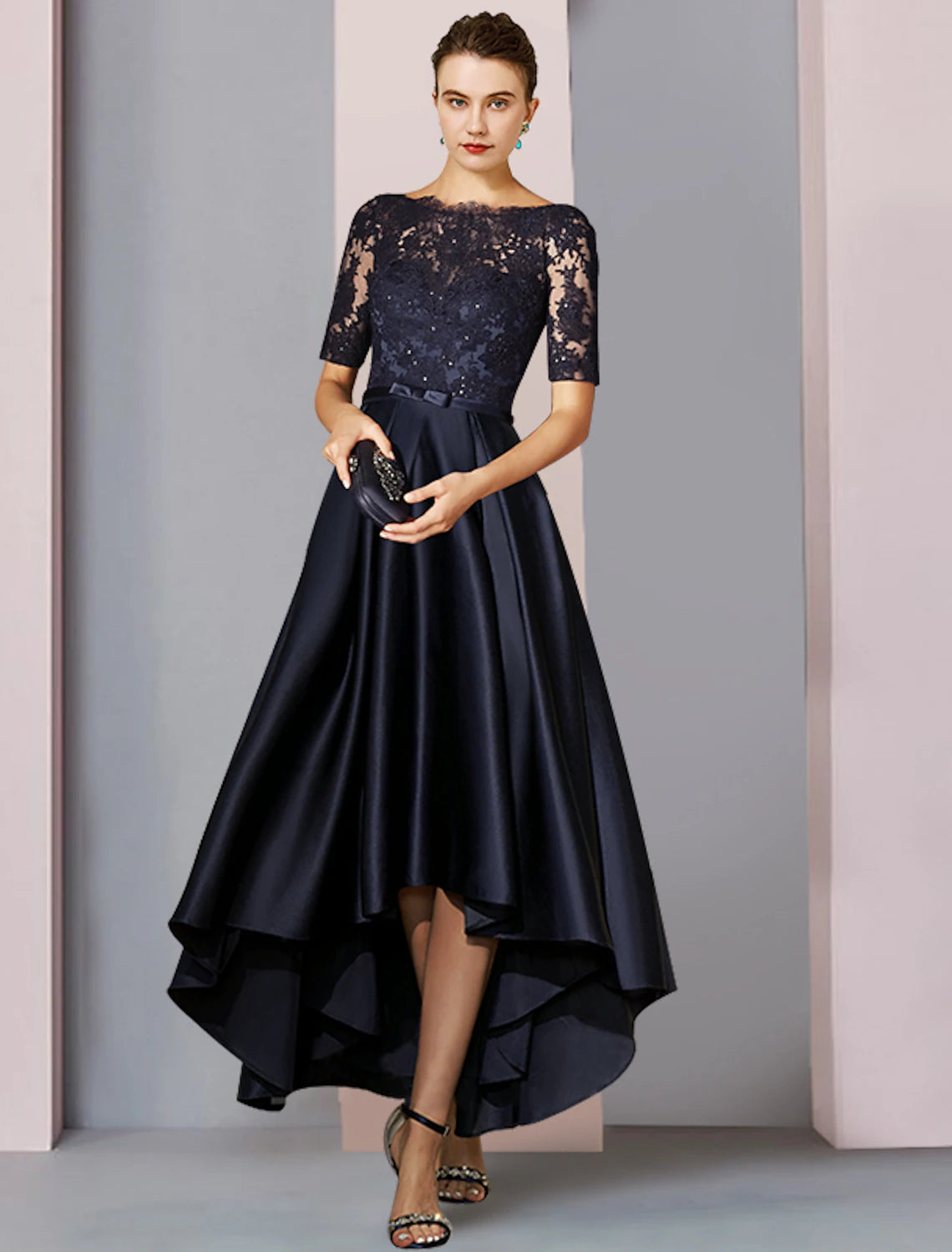 Elegant A-Line Scoop Neck Short Sleeve High-Low Satin Lace Mother of the Bride Dress.